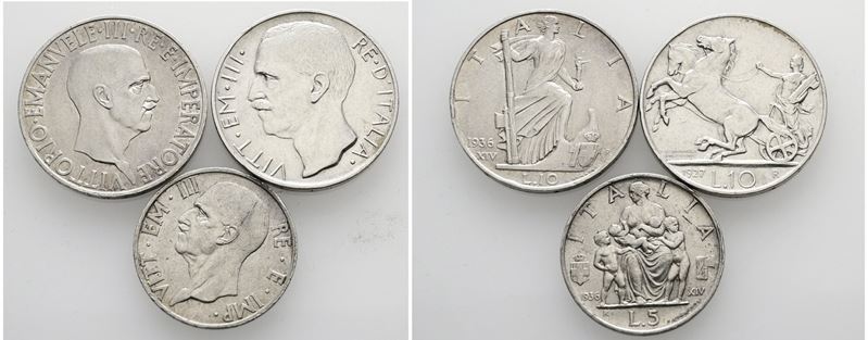 Regno D'italia. Lotto di 3 Monete in Argento: 5 Lire e 10 Lire 1936 e 10 Lire 1927 **. Conservazi...