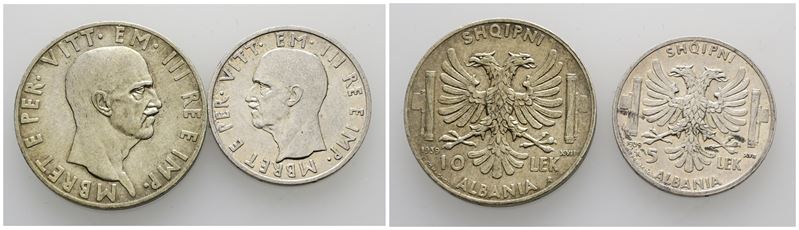 Albania. Vittorio Emanuele III. Lotto di 2 Monete in Argento da 10 e 5 Lek del 1939. Conservazion...