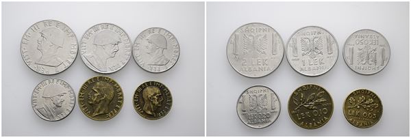 ALBANIA. Vittorio Emanuele III. Lotto di 6 monete 0.05 a 2 Lek. Date, nominali, metalli e conservazioni Vari