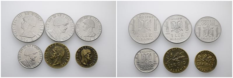 ALBANIA. Vittorio Emanuele III. Lotto di 6 monete 0.05 a 2 Lek. Date, nominali, metalli e conserv...