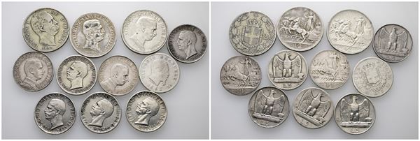 REGNO D'ITALIA. Lotto di 11 monete in Argento: da 1 a 5 lire. 69,14gr circa. Date, nominali, Conservazioni e titolo vari.  - Asta MONETE E MEDAGLIE MODERNE, CONI, PUNZONI E RARITÀ MASSONICHE - Bertolami Fine Art - Casa d'Aste