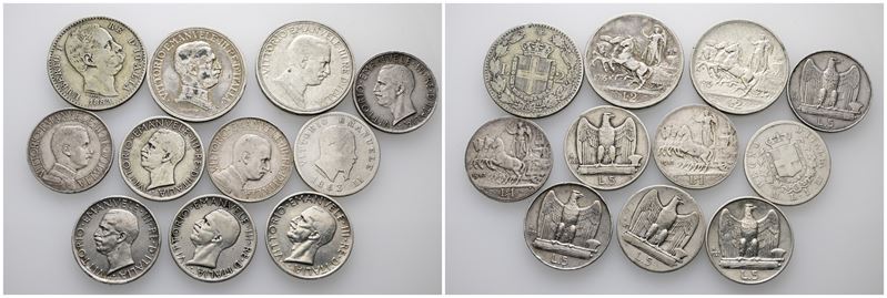 REGNO D'ITALIA. Lotto di 11 monete in Argento: da 1 a 5 lire. 69,14gr circa. Date, nominali, Cons...