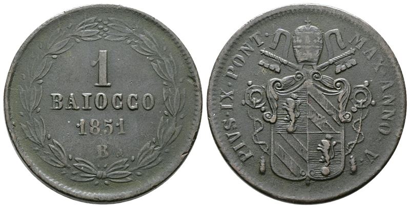 Stato Pontificio. Bologna. Pio IX (1846-1870). Baiocco 1851. Km# 1345. Cu. Bb