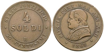 Stato Pontificio. Roma. Pio IX (1846-1870). 4 Soldi 1868. Pag.593. Cu