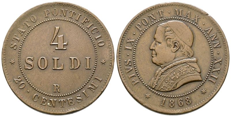 Stato Pontificio. Roma. Pio IX (1846-1870). 4 Soldi 1868. Pag.593. Cu