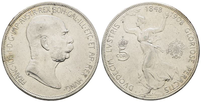 AUSTRIA. Francesco Giuseppe (1848-1916). 5 corone 1908 KM# 2809. Ag; 24gr.