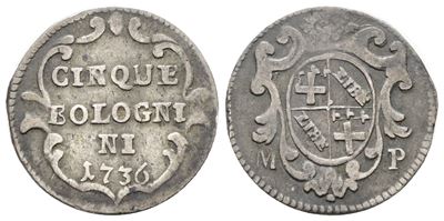 Stato Pontificio. Bologna. Clemente XII (1730-1740). Carlino da 5 Bolognini 1736. Munt 175. Ag; 1...