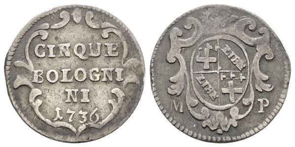 STATO PONTIFICIO. BOLOGNA. Clemente XII (1730-1740). Carlino da 5 Bolognini 1736. Munt 175. Ag; 1,27gr.