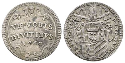 Stato Pontificio. Roma. Clemente XIII (1758-1769). Mezzo Grosso 1760 An. III. Munt. 30 Ag; 0,64gr...