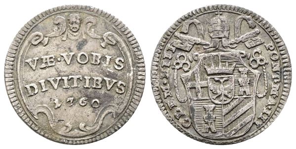 STATO PONTIFICIO. ROMA. Clemente XIII (1758-1769). Mezzo grosso 1760 An. III.  Munt. 30 Ag; 0,64gr. RARO.