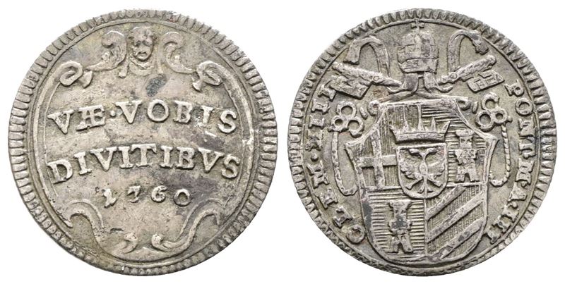 Stato Pontificio. Roma. Clemente XIII (1758-1769). Mezzo Grosso 1760 An. III. Munt. 30 Ag; 0,64gr...