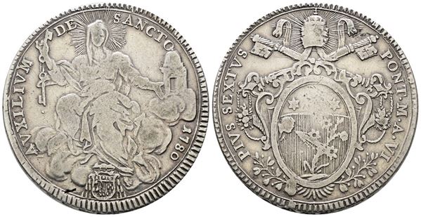 STATO PONTIFICIO. ROMA. Pio VI (1775-1799). Scudo Romano 1780 An.VI.  Munt. 17. Ag; 26gr. Montatura abilmente rimossa.