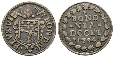 Stato Pontificio. Bologna. Pio Vi (1775-1799). Quattrino 1784. Pag. 99. Cu. Rara.