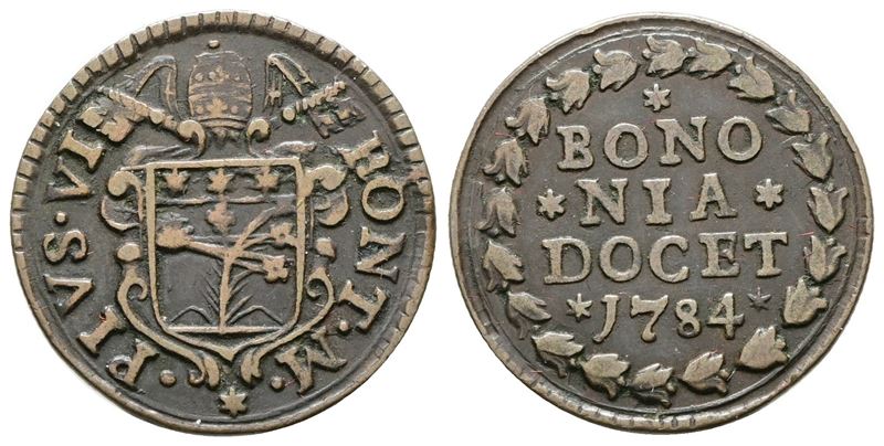 Stato Pontificio. Bologna. Pio Vi (1775-1799). Quattrino 1784. Pag. 99. Cu. Rara.