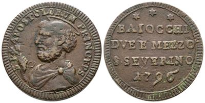 Stato Pontificio. San Severino. Pio Vi (1775-1799). Sanpietrino da 2 1/2 Baiocchi 1796. Munt. 100...