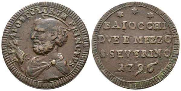 STATO PONTIFICIO. SAN SEVERINO. Pio VI (1775-1799). Sanpietrino da 2 1/2 Baiocchi 1796. Munt. 100. CU; 16,35gr.