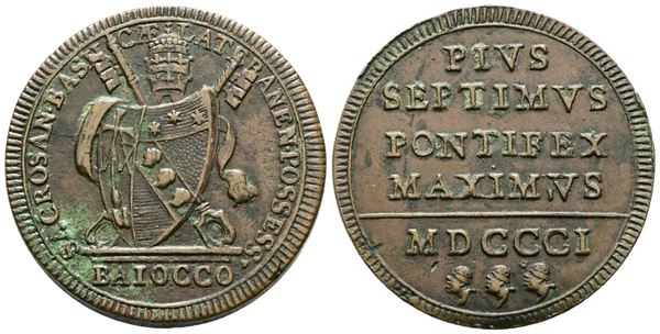 STATO PONTIFICIO. ROMA. Pio VII (1800-1823). Baiocco 1801.  Munt 51. CU. Leggere ossidazioni.