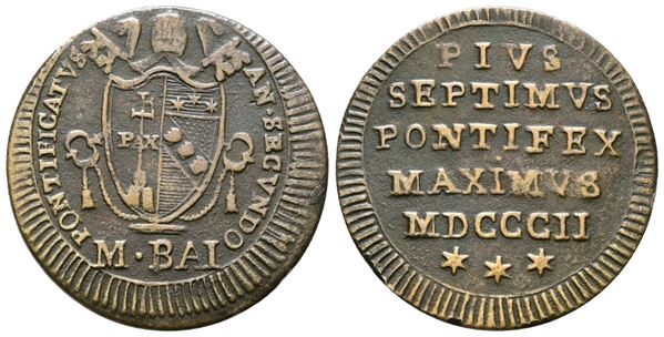 STATO PONTIFICIO. Pio VII (1800-1823). 1/2 Baiocco 1802. An.III. Munt 25. CU
