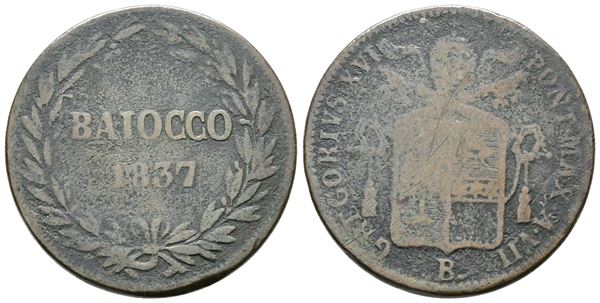 STATO PONTIFICIO. BOLOGNA. Gregorio XVI (1831-1846). Baiocco 1837.Pag. 264. CU