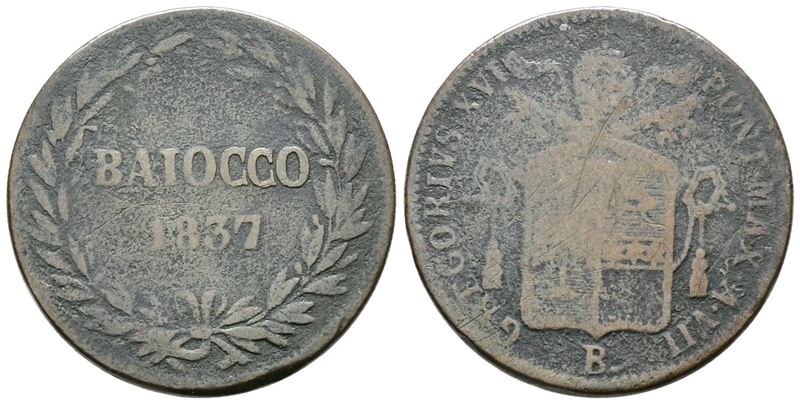 Stato Pontificio. Bologna. Gregorio XVI (1831-1846). Baiocco 1837.pag. 264. Cu. Mb