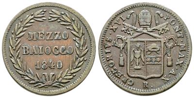 Stato Pontificio. Roma. Gregorio XVI (1831-1846). 1/2 Baiocco 1840. Pag. 284. Cu. Rara.