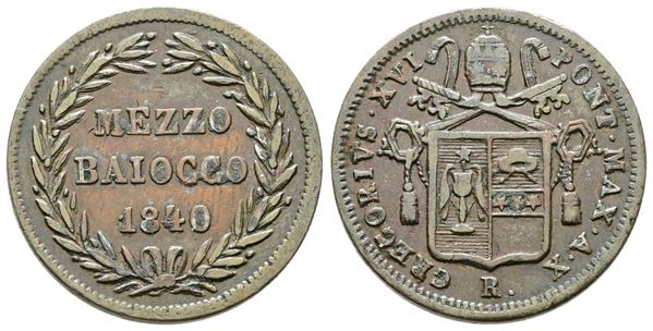 STATO PONTIFICIO. ROMA. Gregorio XVI (1831-1846). 1/2 Baiocco 1840. Pag. 284. CU. RARA.