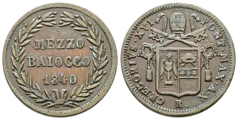 Stato Pontificio. Roma. Gregorio XVI (1831-1846). 1/2 Baiocco 1840. Pag. 284. Cu. Rara.
