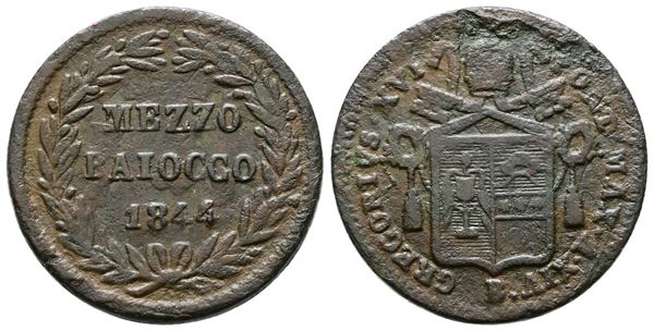 STATO PONTIFICIO. BOLOGNA. Gregorio XVI (1831-1846). 1/2 Baiocco 1844. Pag. 288. CU