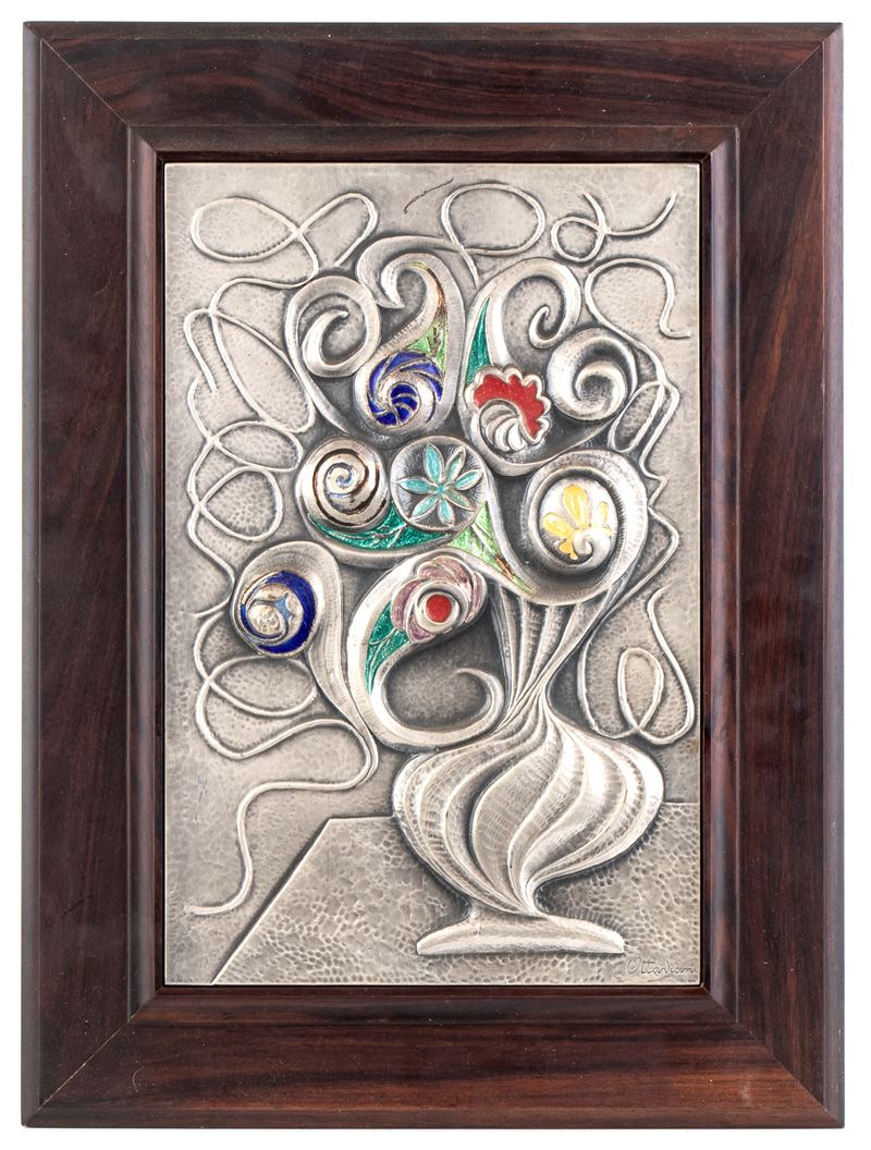 Ottaviani Argentiere - Ottaviani, Quadro in argento e smalti con raffigurazione di vaso da fiori