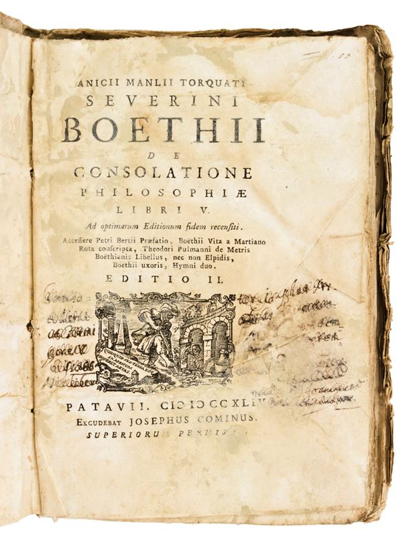 [Filosofia] Boezio, Severino : De consolatione philosophiae Libri V. Patavii : excudebat Josephus Cominus, 1744