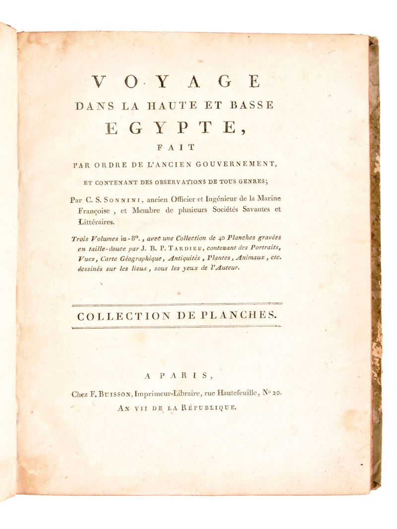 [viaggi/egitto] C.s. Sonnini: Voyage Dans la Haute Et Basse Egypte, ... a Paris, Chez F. Buisson ...
