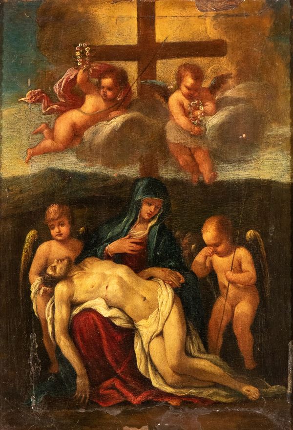 Artista ferrarese, fine XVI inizio XVII secolo - Pietà with angels