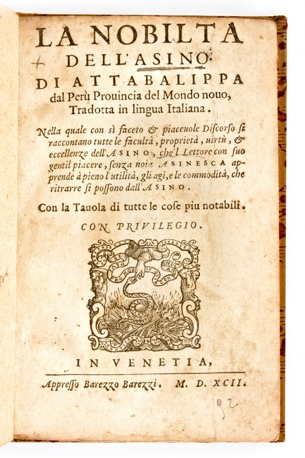 [Satira/Morale] Banchieri, Adriano : La nobiltà dell'asino di Attabalippa dal Perù. In Venetia, Barezzo Barezzi, 1592