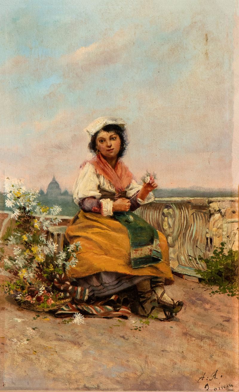 Augusto Alberici - Piccola Fioraia con Sfondo Romano