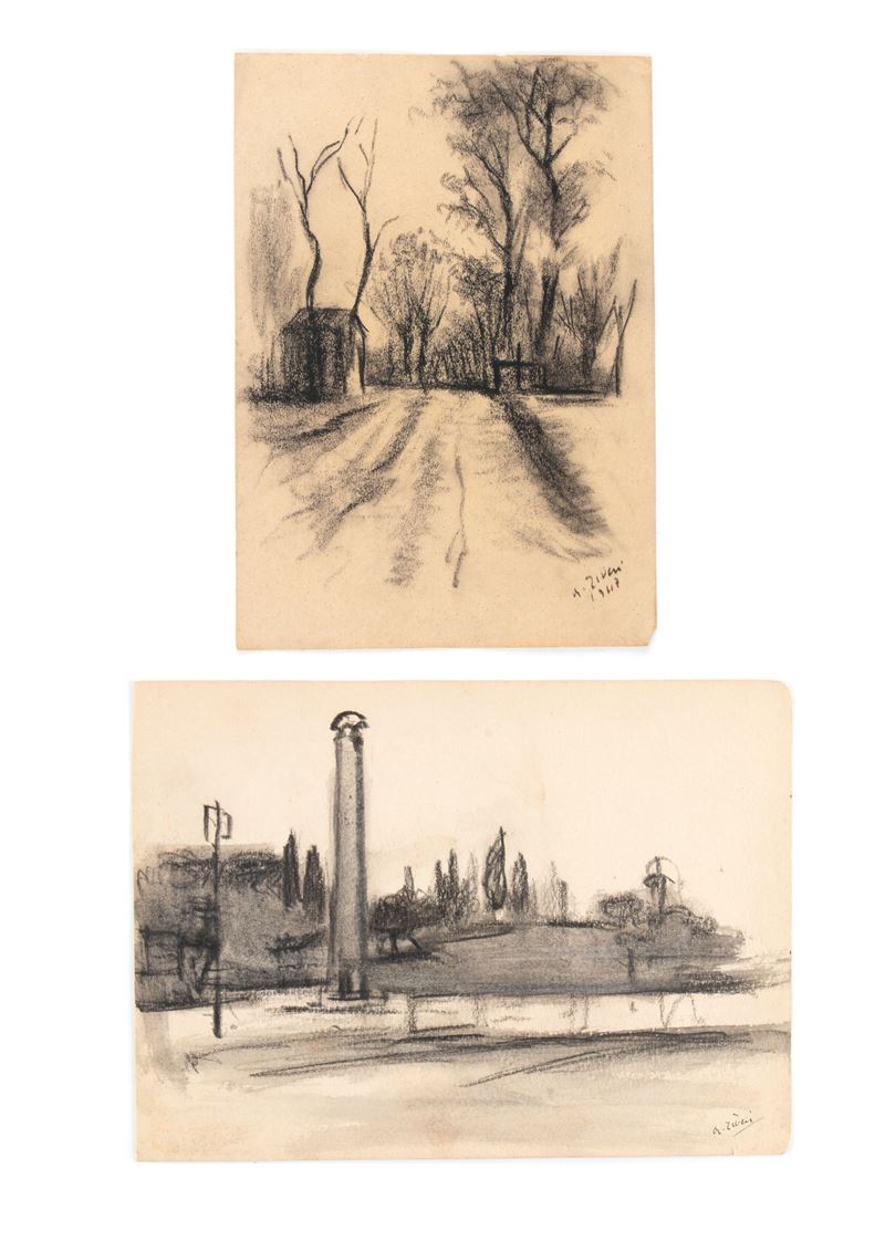 Alberto Ziveri - Lotto di Due Disegni di Paesaggio