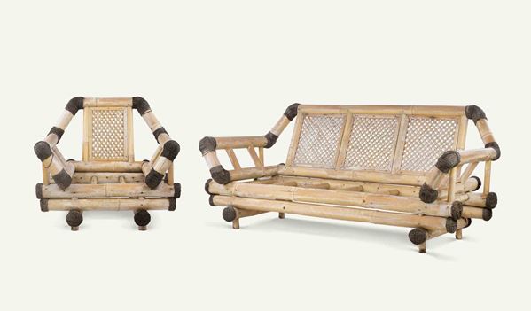 Vintage set of 1 Bamboo Sofa and 1 Bambu Armchair