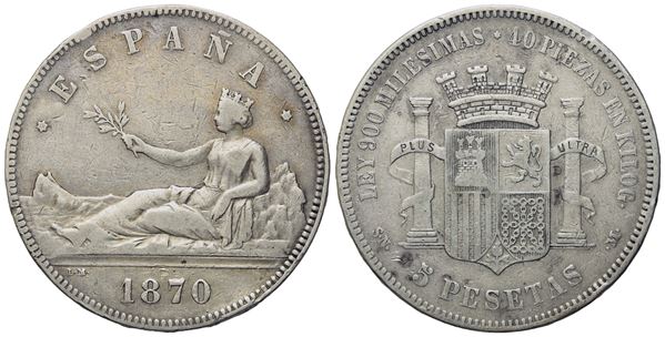 SPAGNA. Governo provvisorio. 5 pesetas 1870. Ag (24,62 g; 37 mm)  - Auction Modern Coins - Bertolami Fine Art - Casa d'Aste