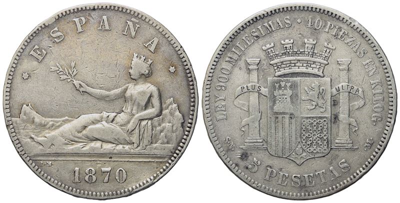 Spagna. Governo Provvisorio. 5 Pesetas 1870. Km 655; Ag; 24,62gr; 37 MM