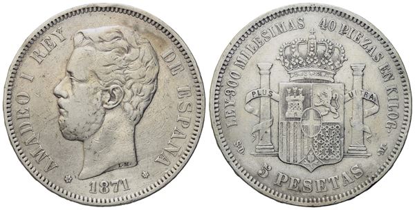 SPAGNA. Amedeo I (1871-1873). 5 pesetas 1871. Ag (24,95 g; 37 mm)