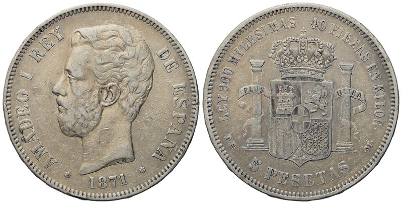 Spagna. Amedeo i (1871-1873). 5 Pesetas 1871. Km 666; Ag; 24,90gr; 37mm