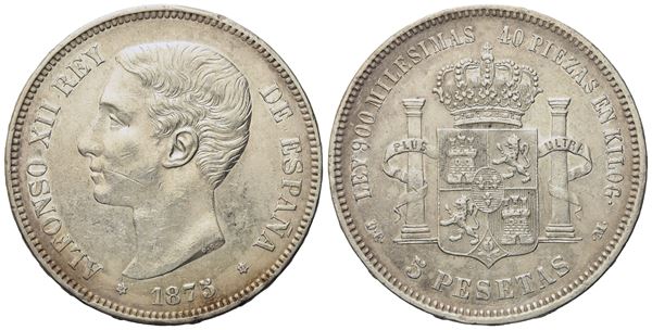 SPAGNA. Alfonso XII (1874-1889).  5 pesetas 1875. Ag (25,07 g; 37 mm)  - Asta Monete e medaglie medievali e moderne italiane ed estere - Bertolami Fine Art - Casa d'Aste