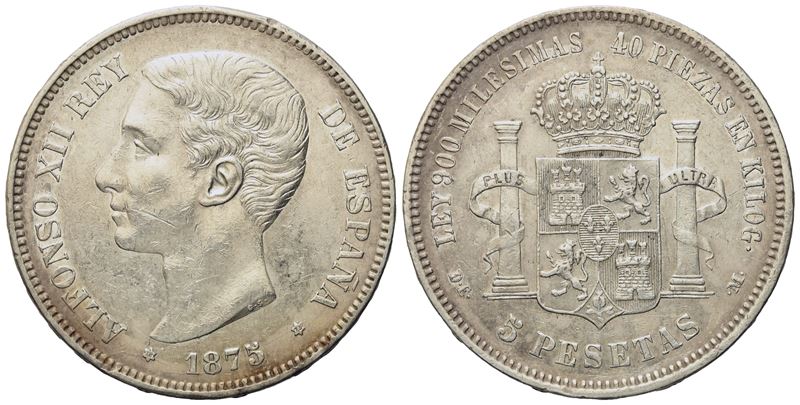 Spagna. Alfonso XII (1874-1889). 5 Pesetas 1875. Km 671; Ag; 25,07gr; 37 MM