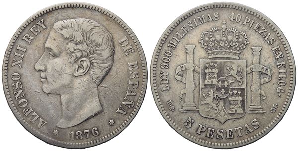 SPAGNA. Alfonso XII (1874-1889). 5 pesetas. Ag (24,50 g; 37 mm)  - Asta Monete e medaglie medievali e moderne italiane ed estere - Bertolami Fine Art - Casa d'Aste