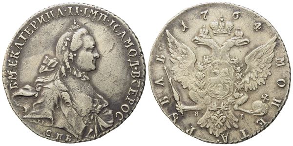 RUSSIA. San Pietroburgo. Caterina II (1762-1796). Rublo 1764. Ag (23,50 g; 37,8 mm)  - Asta Monete e medaglie medievali e moderne italiane ed estere - Bertolami Fine Art - Casa d'Aste