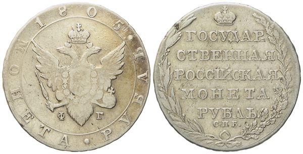 RUSSIA. San Pietroburgo. Alessandro I (1802-1825). Rublo 1805. Ag (20,70 g; 36,5 mm)  - Asta Monete e medaglie medievali e moderne italiane ed estere - Bertolami Fine Art - Casa d'Aste