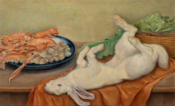 CARLO SOCRATE - Still life with hare and seafood