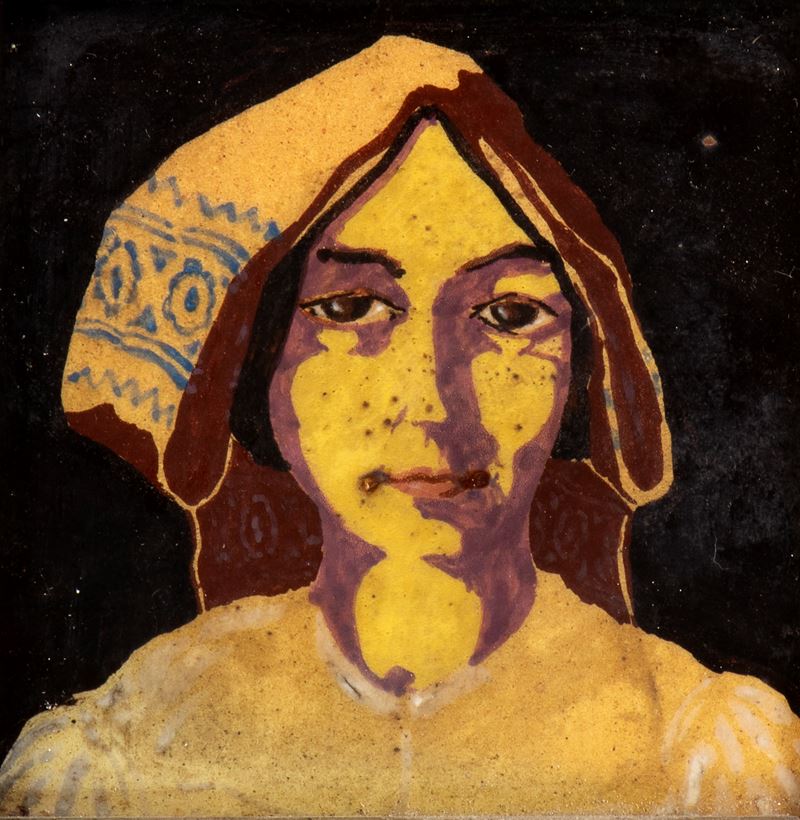 Enea Antonelli - Mattonella con Decorazione di Popolana in Costume