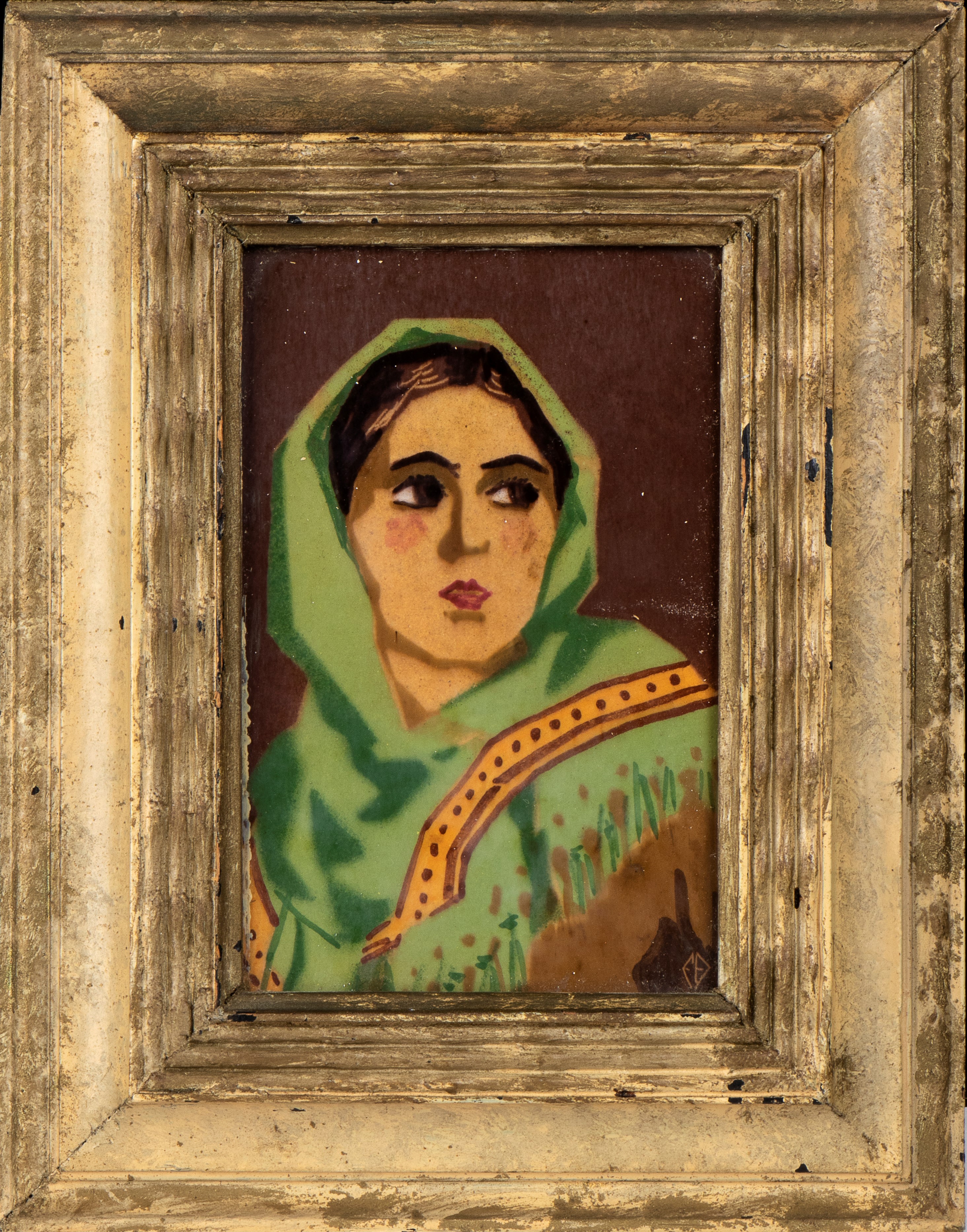 Mattonella con decorazione di ritratto femminile