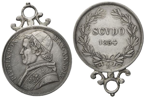 STATO PONTIFICIO. ROMA. Pio IX (1846-1870). Scudo 1854, anno IX. Gig.65; Ag; 28,50gr; 37,3mm. Bella montatura d'epoca.