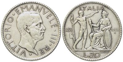Regno D'italia. Vittorio Emanuele III (1900-1943). 20 Lire 1928 "littore". Ag (14,85 G; 35 MM)